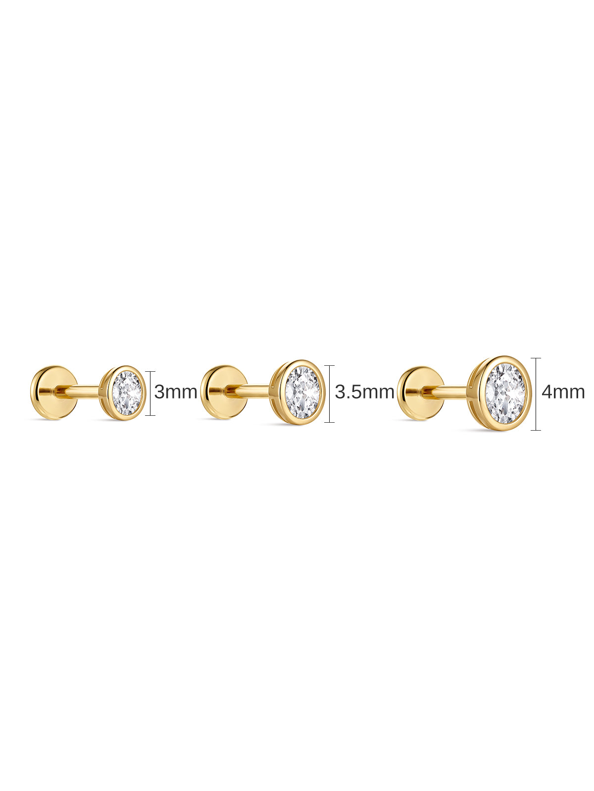 KOSINER oval lab-grown diamond flat back studs in 3mm, 3.5mm and 4mm sizes