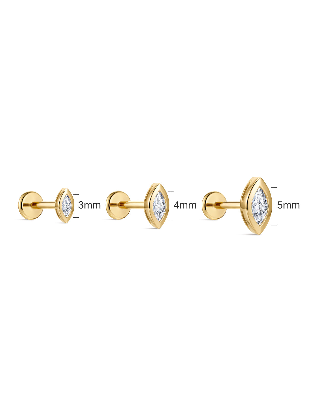 KOSINER marquise lab-grown diamond flat back studs in 3mm, 4mm and 5mm sizes
