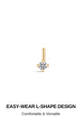 Product design graphic featuring KOSINER L-shape nose stud, headline: EASY-WEAR L-SHAPE DESIGN, subtext Comfortable & Versatile describing user-friendly bent post nose piercing construction