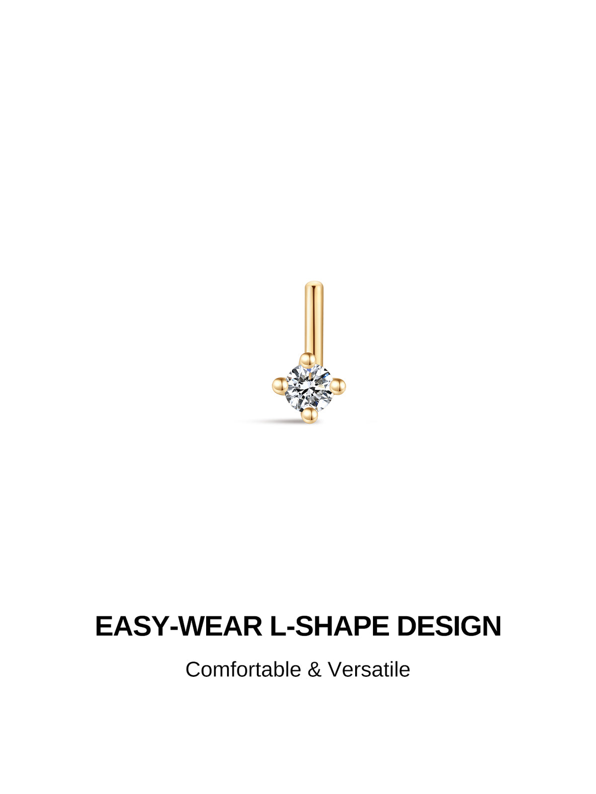 Product design graphic featuring KOSINER L-shape nose stud, headline: EASY-WEAR L-SHAPE DESIGN, subtext Comfortable & Versatile describing user-friendly bent post nose piercing construction