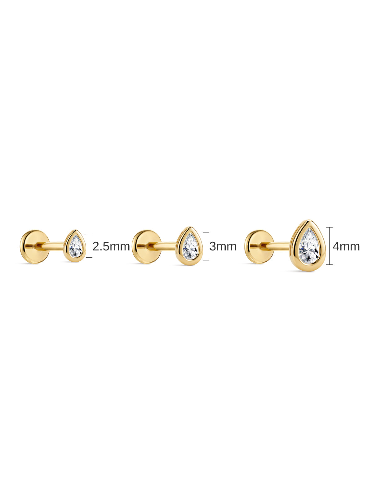 KOSINER pear lab-grown diamond flat back studs in 2.5mm, 3mm and 4mm sizes