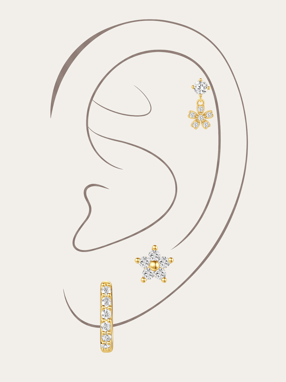 Gold sterling silver earrings with flower, butterfly, and hoop designs with zircon stones, worn on ear for styling.