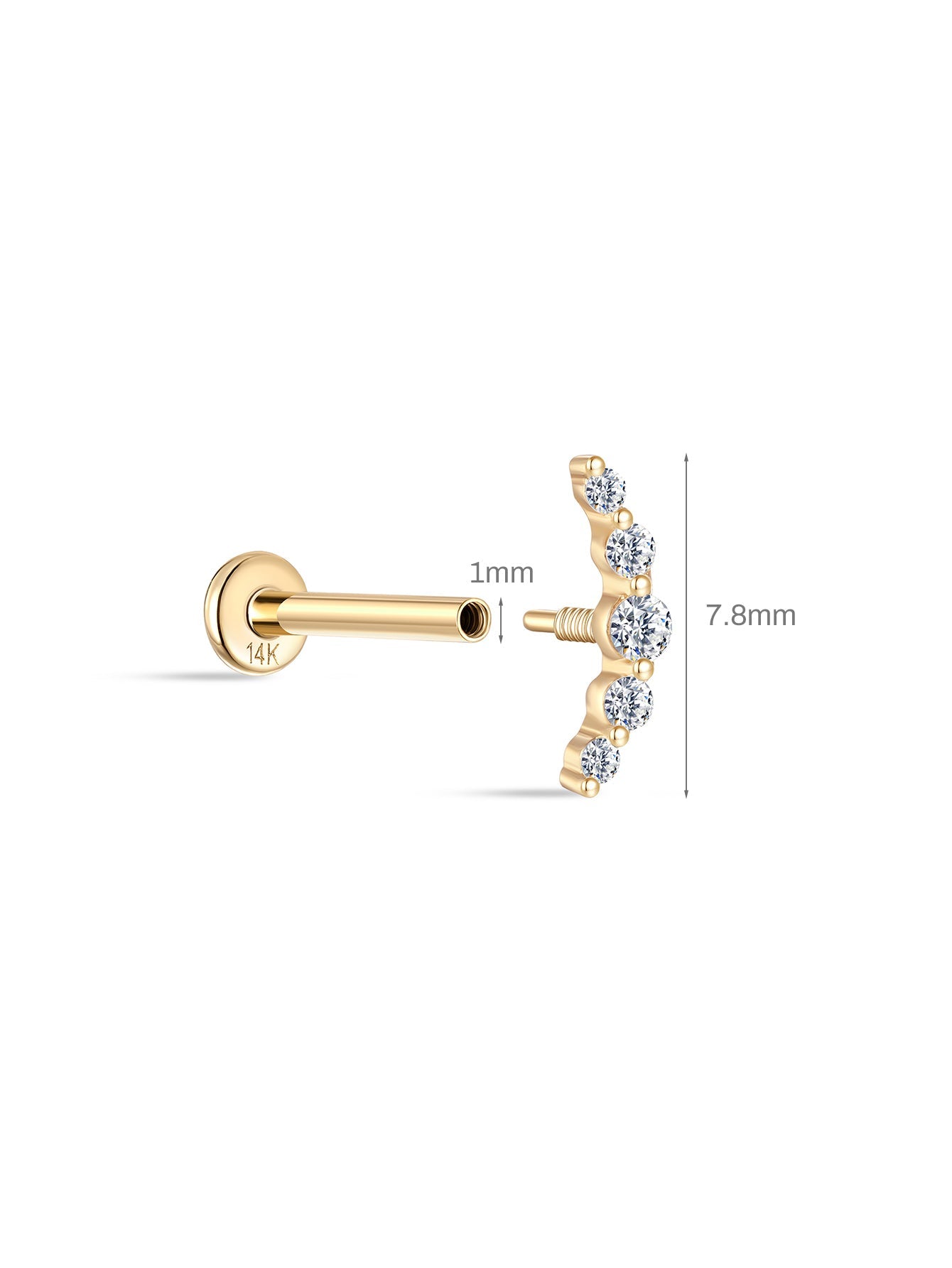 Piercing em ouro maciço 14K com costas planas e crescente