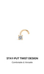 Product design graphic featuring KOSINER twist hook nose stud, headline: STAY-PUT TWIST DESIGN, subtext Comfortable & Versatile describing secure easy-insert nose piercing construction