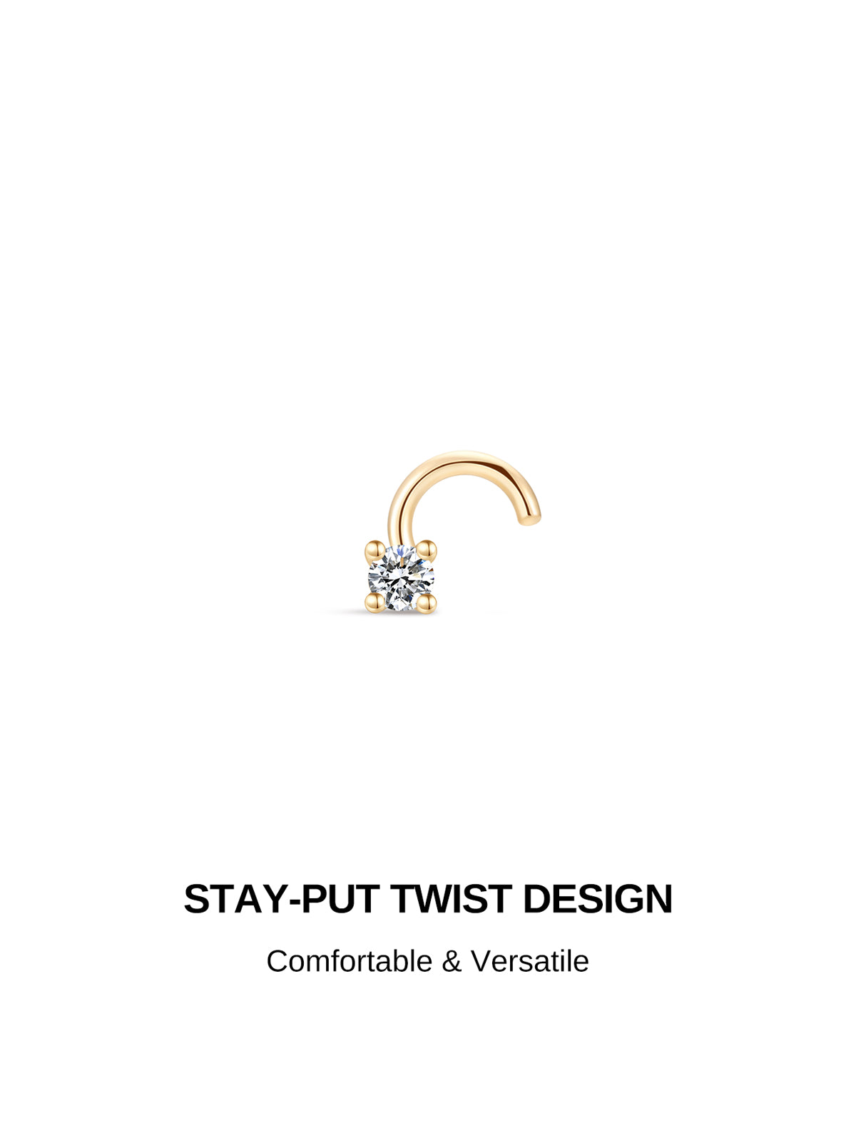 Product design graphic featuring KOSINER twist hook nose stud, headline: STAY-PUT TWIST DESIGN, subtext Comfortable & Versatile describing secure easy-insert nose piercing construction