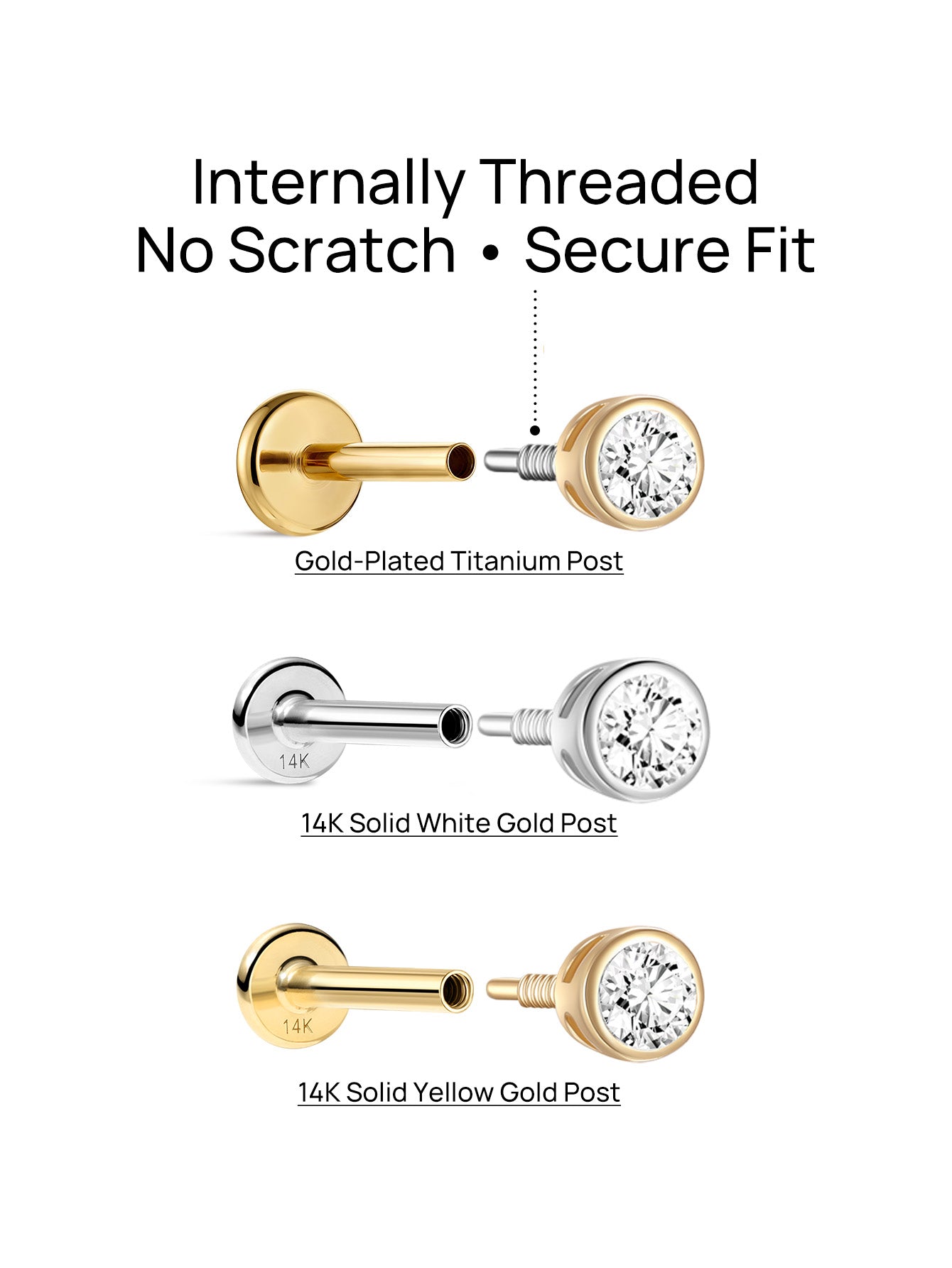 14K massief gouden zirkoon oorpiercing met schroefdraad