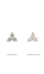KOSINER 14K Solid Gold Minimalist Trinity Flat Back Stud, three round stones in triangular shape, hypoallergenic nickel-free, available in lab diamond or AAAAA zirconia