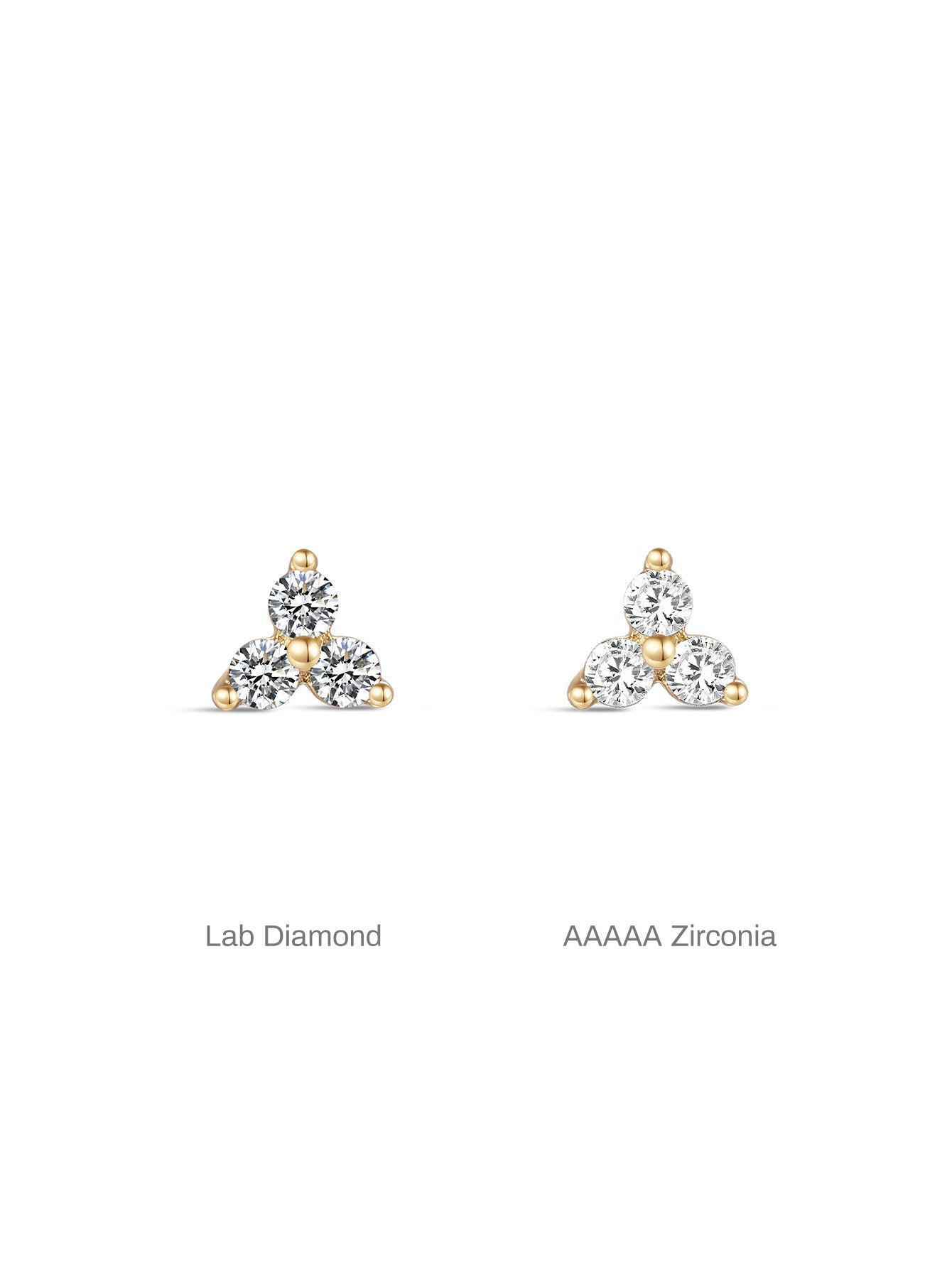 KOSINER 14K Solid Gold Minimalist Trinity Flat Back Stud, three round stones in triangular shape, hypoallergenic nickel-free, available in lab diamond or AAAAA zirconia