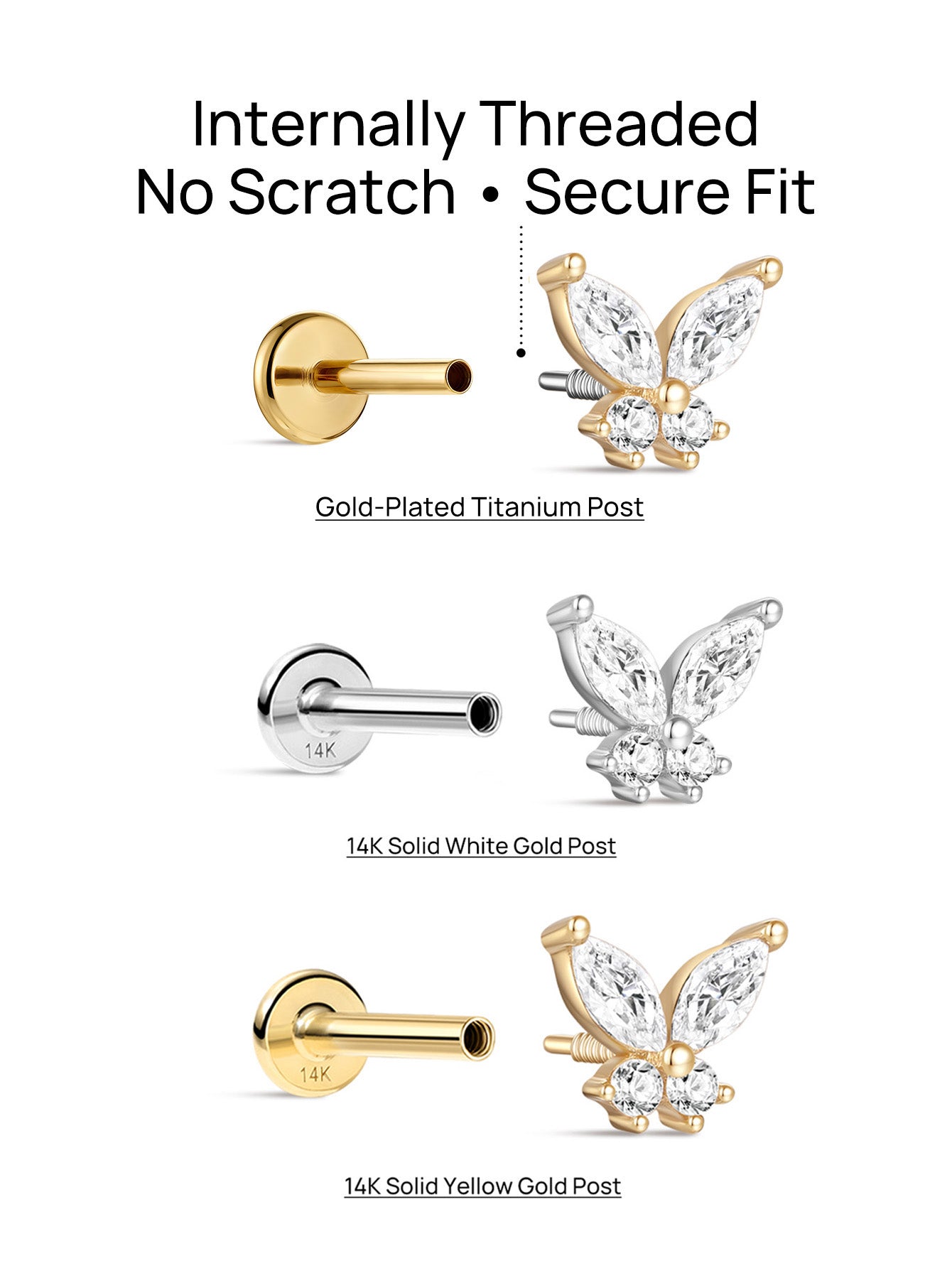 14K massief gouden vlinder oor piercing Stud