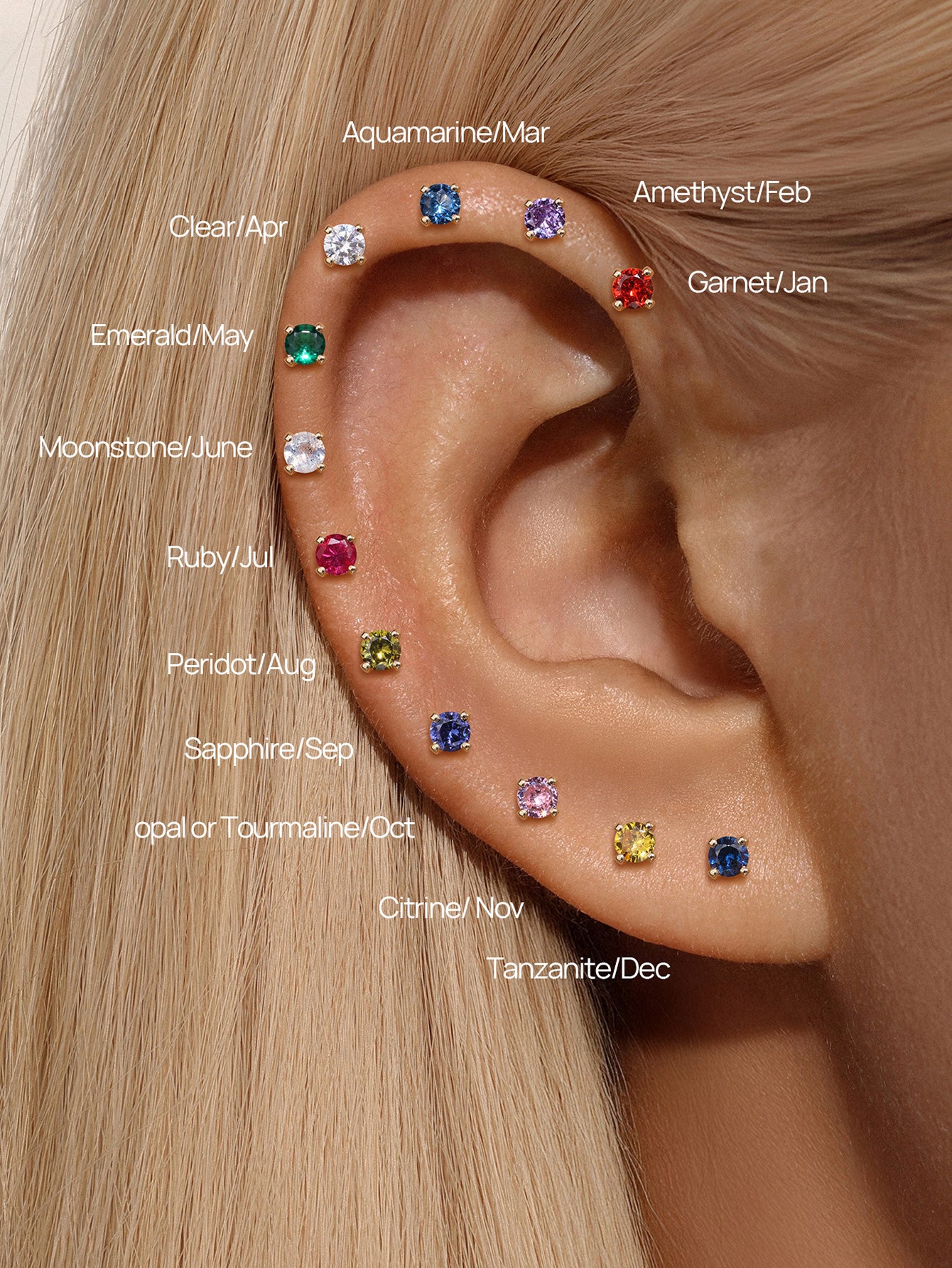 14K Solid Gold Birthstone Stud
