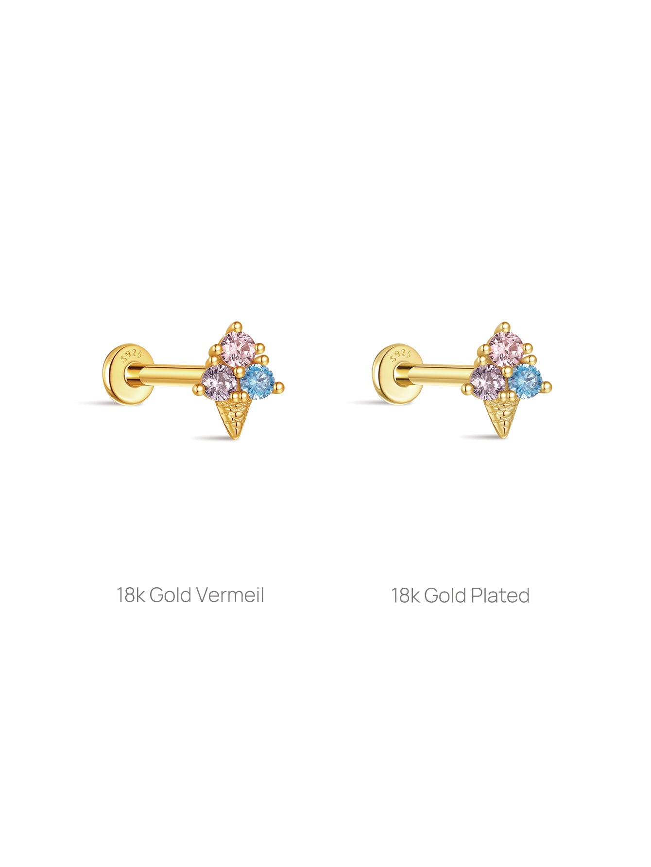 KOSINER 18k gold vermeil vs 18k gold plated ice cream flatback stud comparison