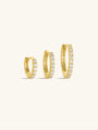 Set of 3 gold plated sterling silver hoop earrings with cubic zirconia, showing different sizes for jewelry product page.