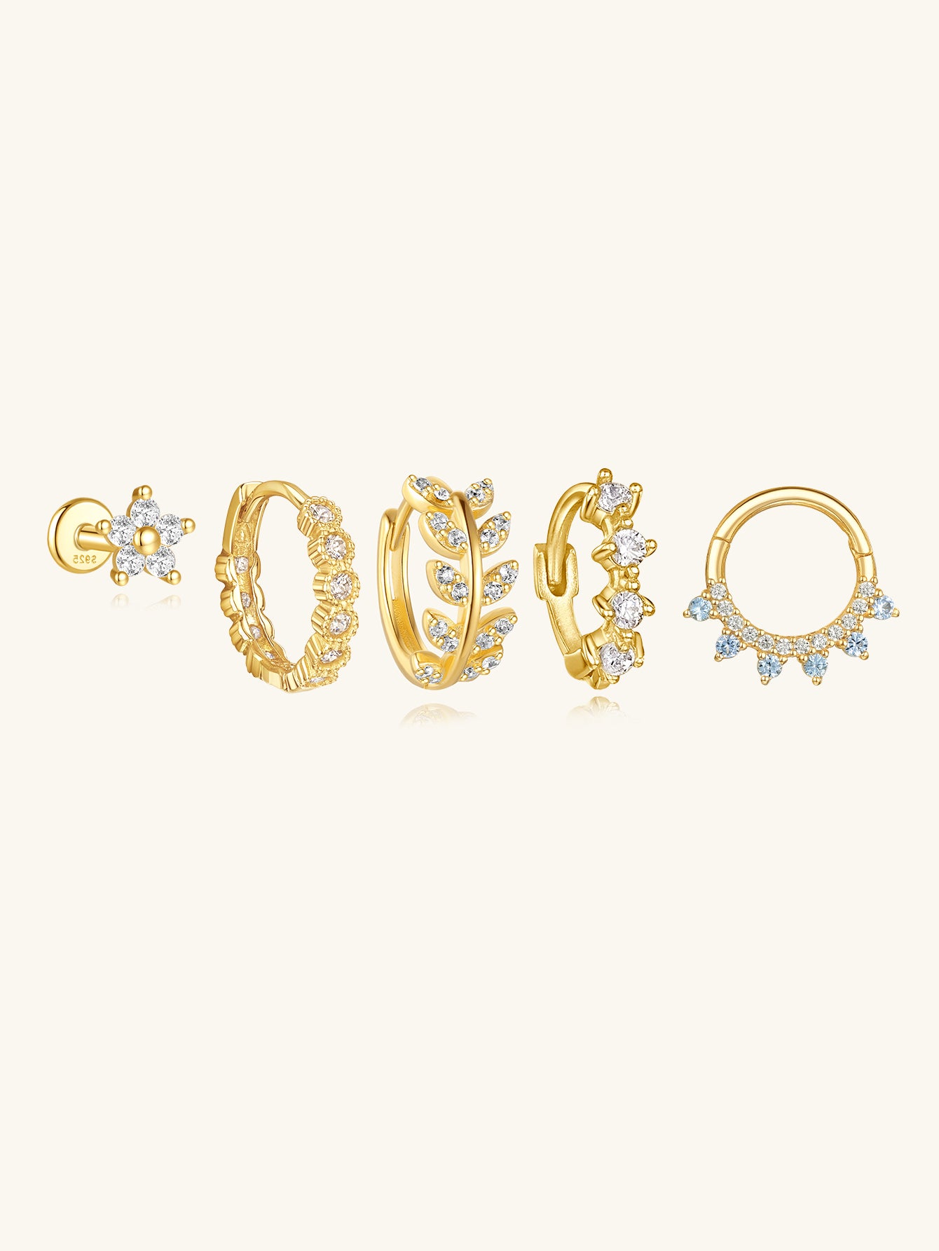 18K gold-plated sterling silver piercing earrings with AAAAA cubic zirconia: star stud, leaf, textured, and stone cluster hoops.