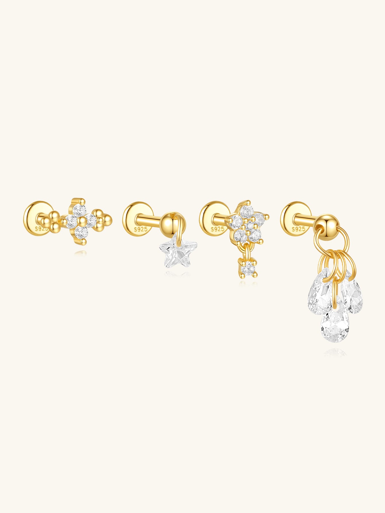Gold plated sterling silver stud earrings with cz: cross, star, flower, teardrop charms. Hypoallergenic.