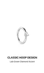 Design feature graphic of KOSINER hinged hoop earring, headline CLASSIC HOOP DESIGN, subtext Lab-Grown Diamond Accent highlighting minimalist single stone detailing