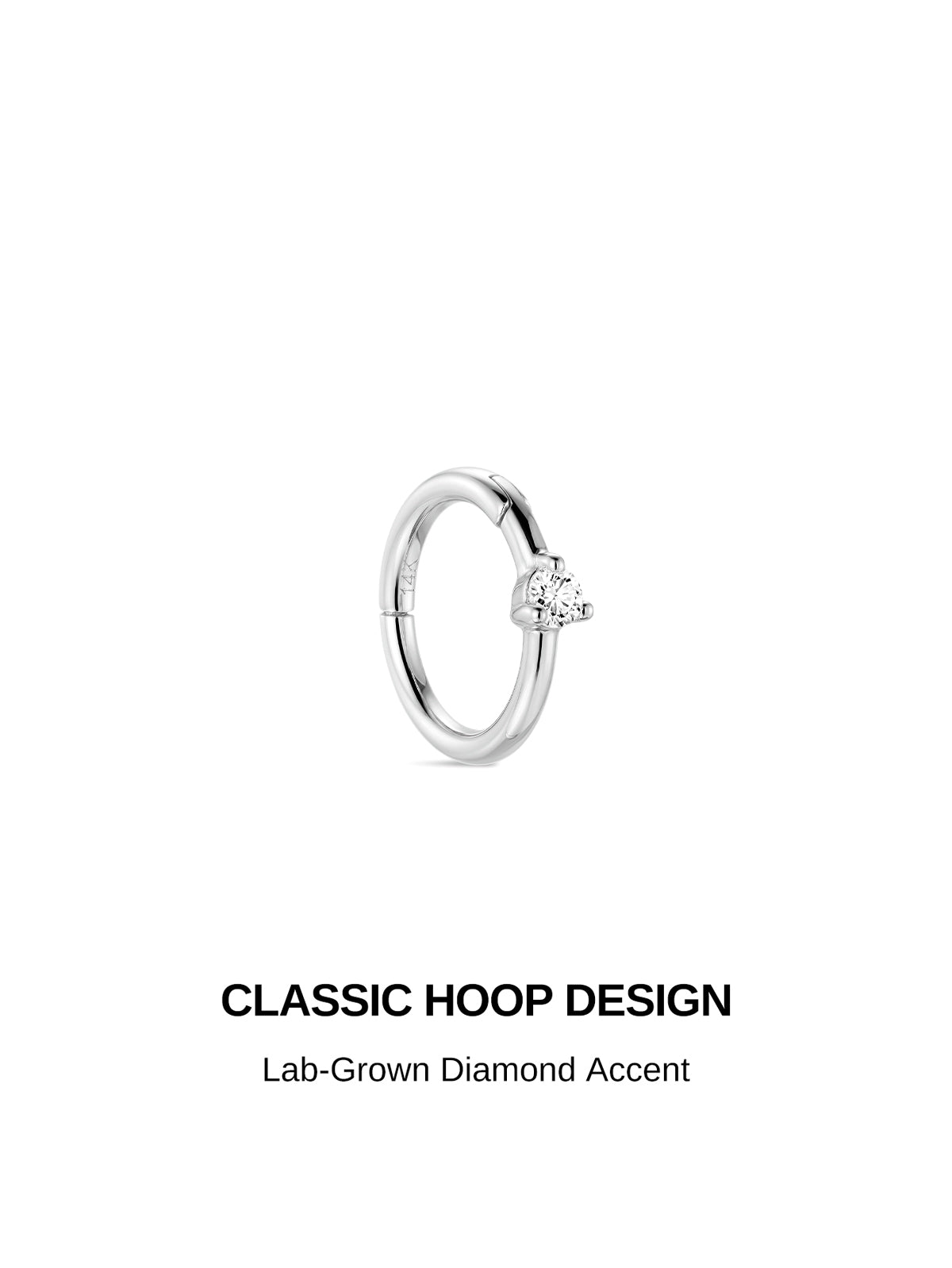 Design feature graphic of KOSINER hinged hoop earring, headline CLASSIC HOOP DESIGN, subtext Lab-Grown Diamond Accent highlighting minimalist single stone detailing