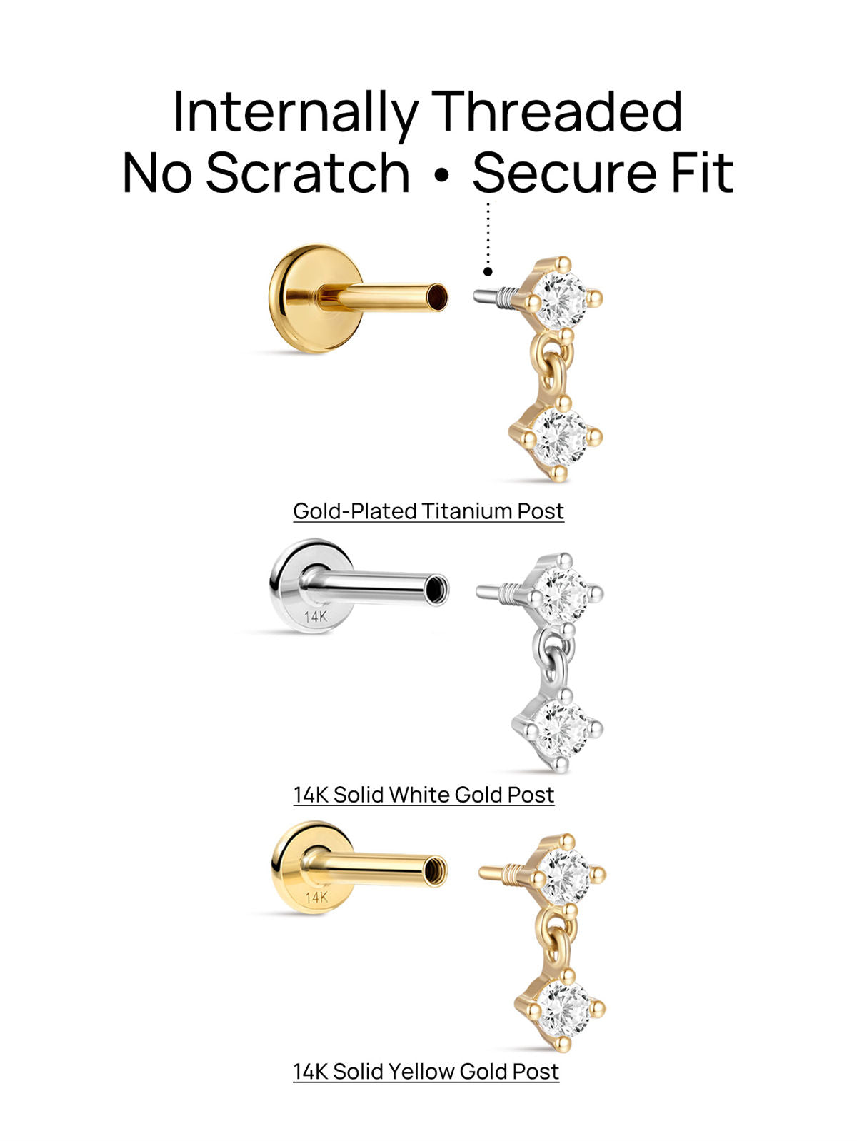 KOSINER elegant drop-style flat back stud, with two sparkling stones, perfect for delicate ear styling