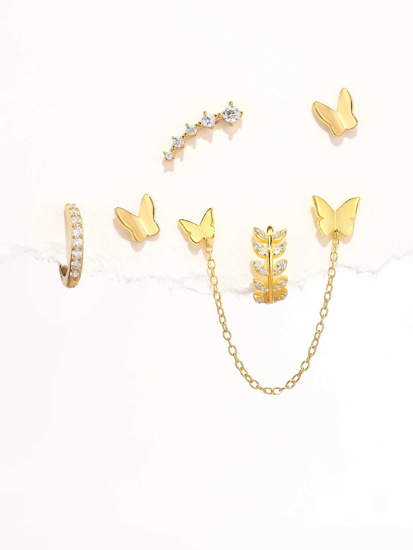 Gold 925 sterling silver earrings: butterflies, CZ climber, hoop, and chain-linked butterfly jacket.