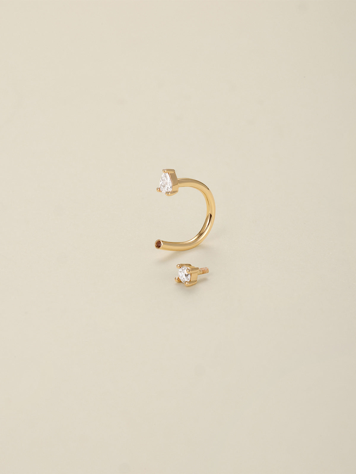 Detachable threaded screw structure of KOSINER 14K solid gold pear curved barbell earring, open hoop cartilage piercing easy to wear design