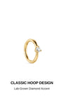 Design feature graphic of KOSINER hinged hoop earring, headline CLASSIC HOOP DESIGN, subtext Lab-Grown Diamond Accent highlighting minimalist single stone detailing
