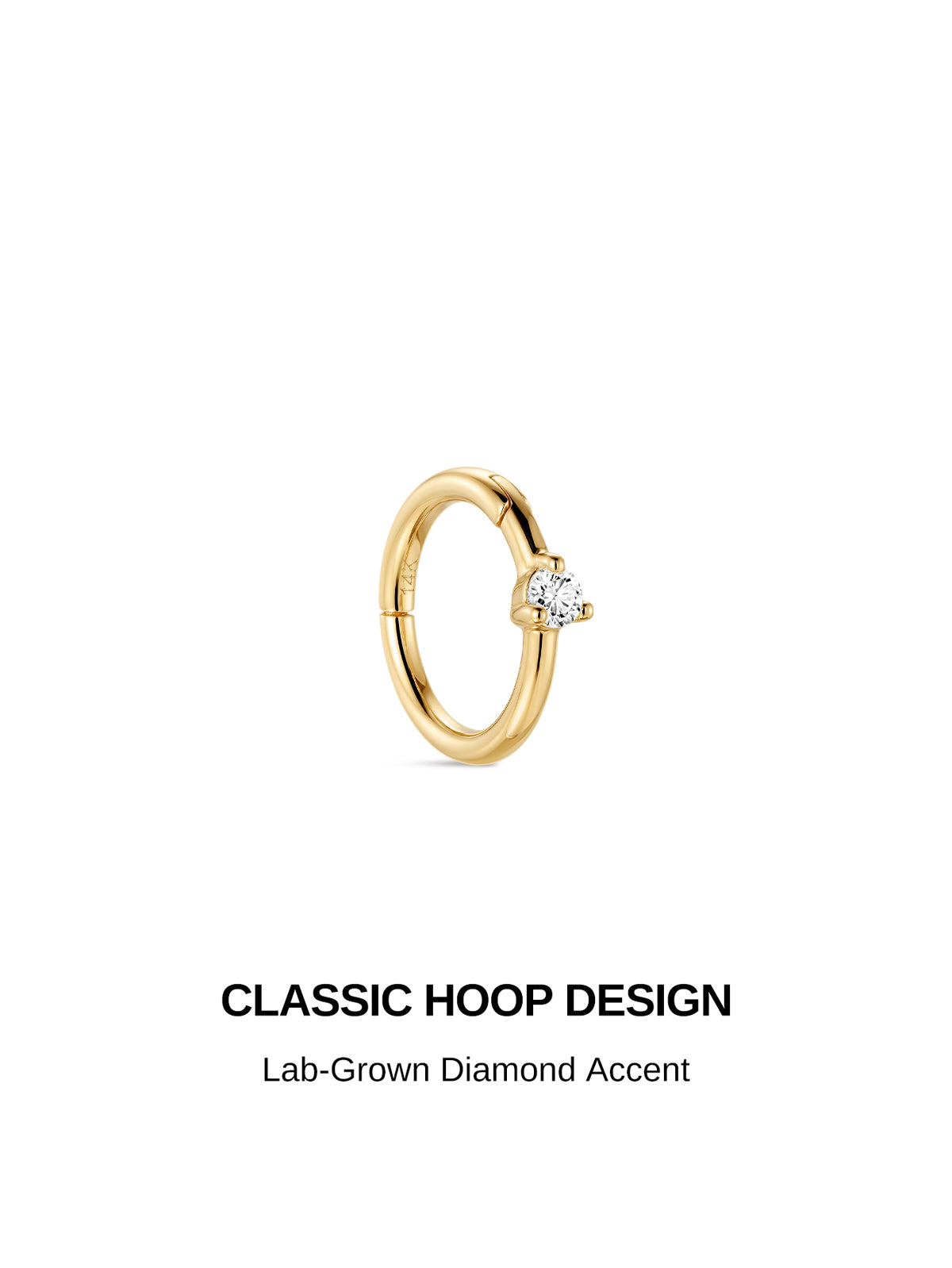 Design feature graphic of KOSINER hinged hoop earring, headline CLASSIC HOOP DESIGN, subtext Lab-Grown Diamond Accent highlighting minimalist single stone detailing