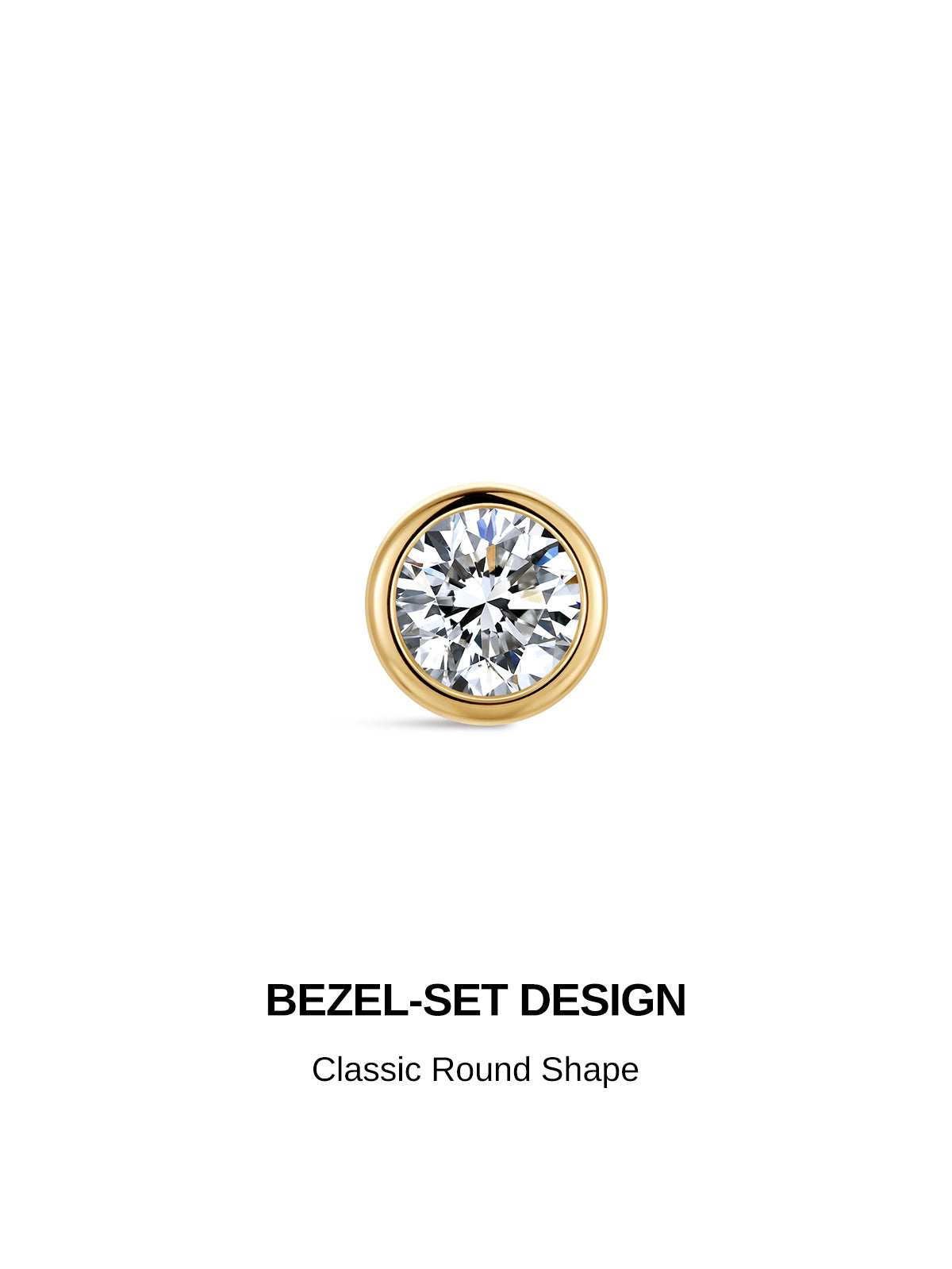KOSINER 14K solid gold round bezel-set lab-grown diamond flat back stud close-up