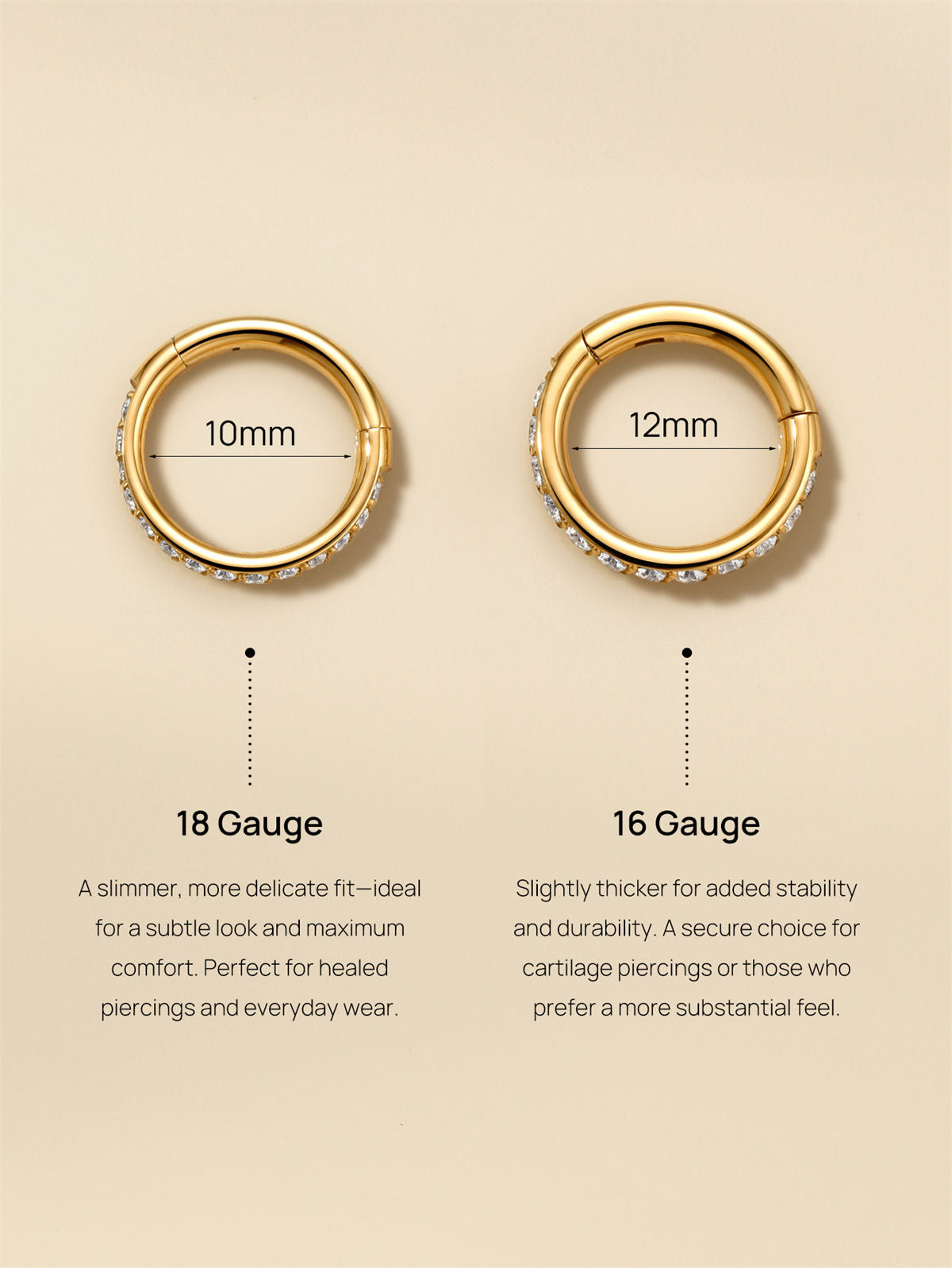 KOSINER 6-12mm hoop earring size guide, perfect fit for different ear piercings
