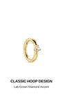 Design feature graphic of KOSINER hinged hoop earring, headline CLASSIC HOOP DESIGN, subtext Lab-Grown Diamond Accent highlighting minimalist single stone detailing