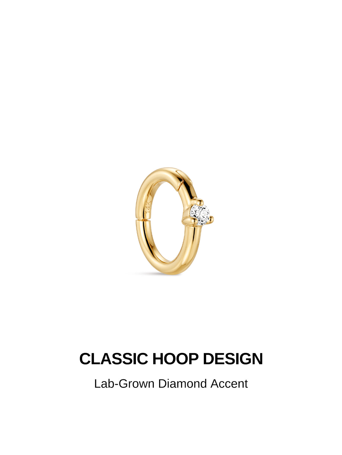Design feature graphic of KOSINER hinged hoop earring, headline CLASSIC HOOP DESIGN, subtext Lab-Grown Diamond Accent highlighting minimalist single stone detailing