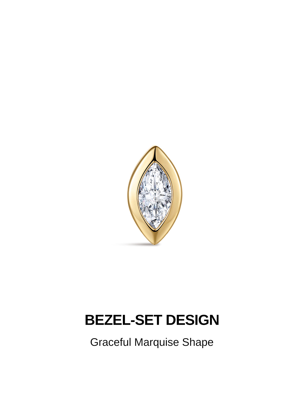 KOSINER 14K solid gold marquise bezel-set lab-grown diamond flat back stud close-up