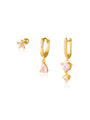 Gold 925 sterling silver earring set with pink water drop shape cubic zirconia: flower stud, pear drop hoop, double dangle.