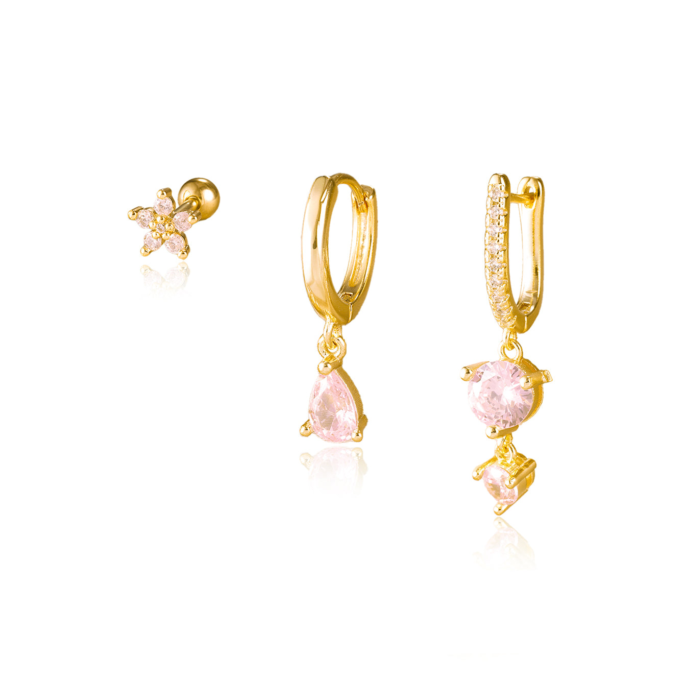 Gold 925 sterling silver earring set with pink water drop shape cubic zirconia: flower stud, pear drop hoop, double dangle.