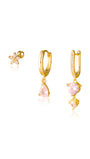 Gold 925 sterling silver earring set with pink water drop shape cubic zirconia: flower stud, pear drop hoop, double dangle.