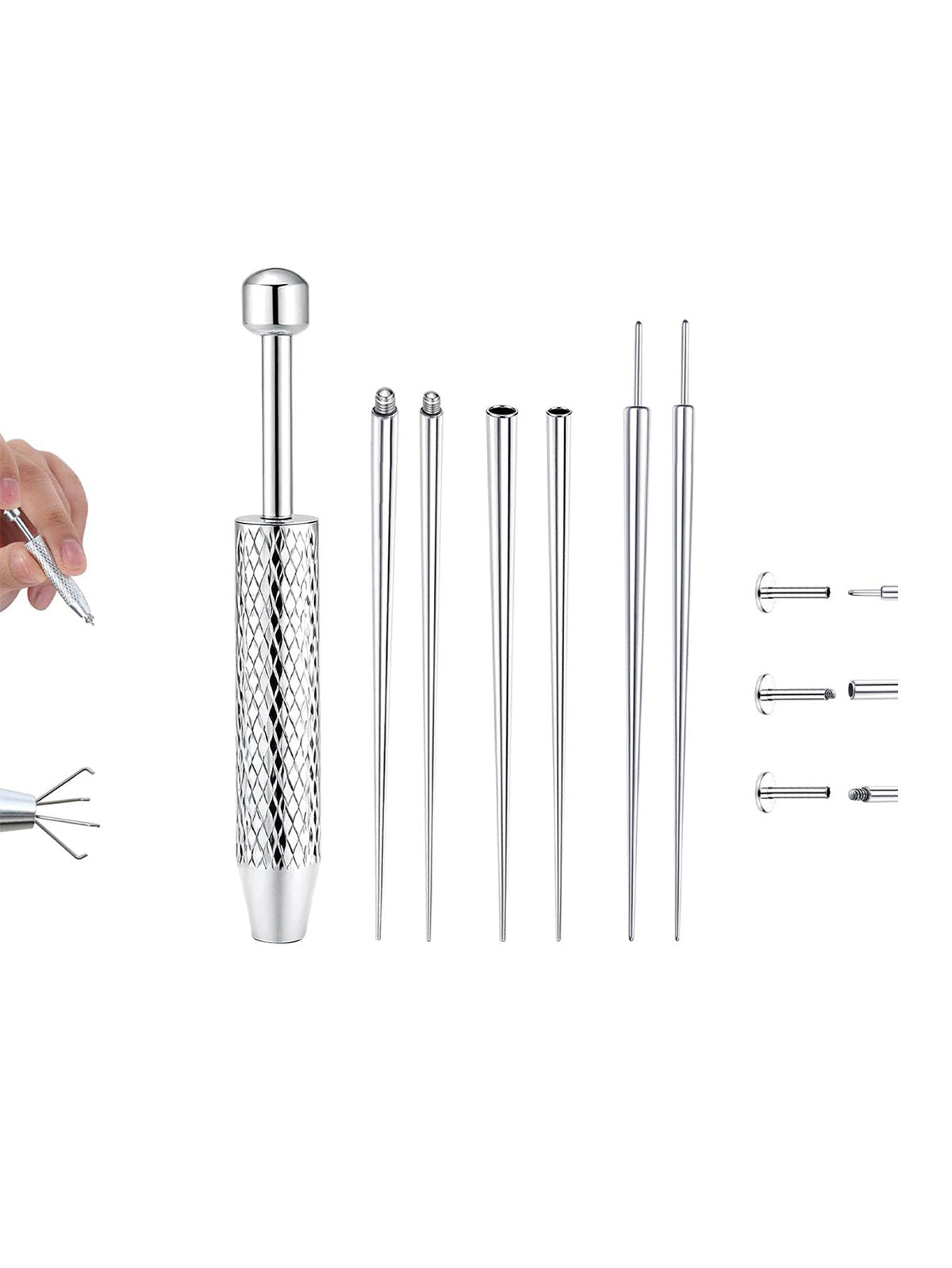 A professional-grade titanium insertion tool set designed for precise, safe, and effortless jewelry changes.
