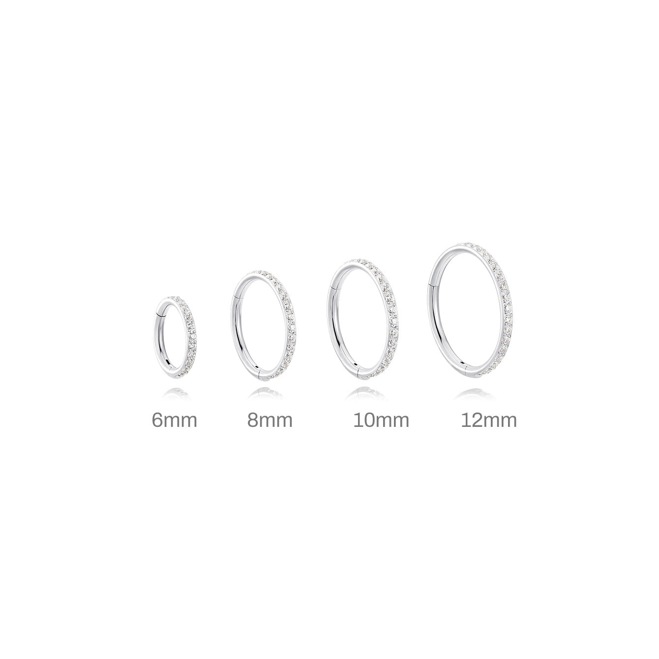 Four silver titanium 16g CZ cartilage hoops, 6mm to 12mm, showing size options.