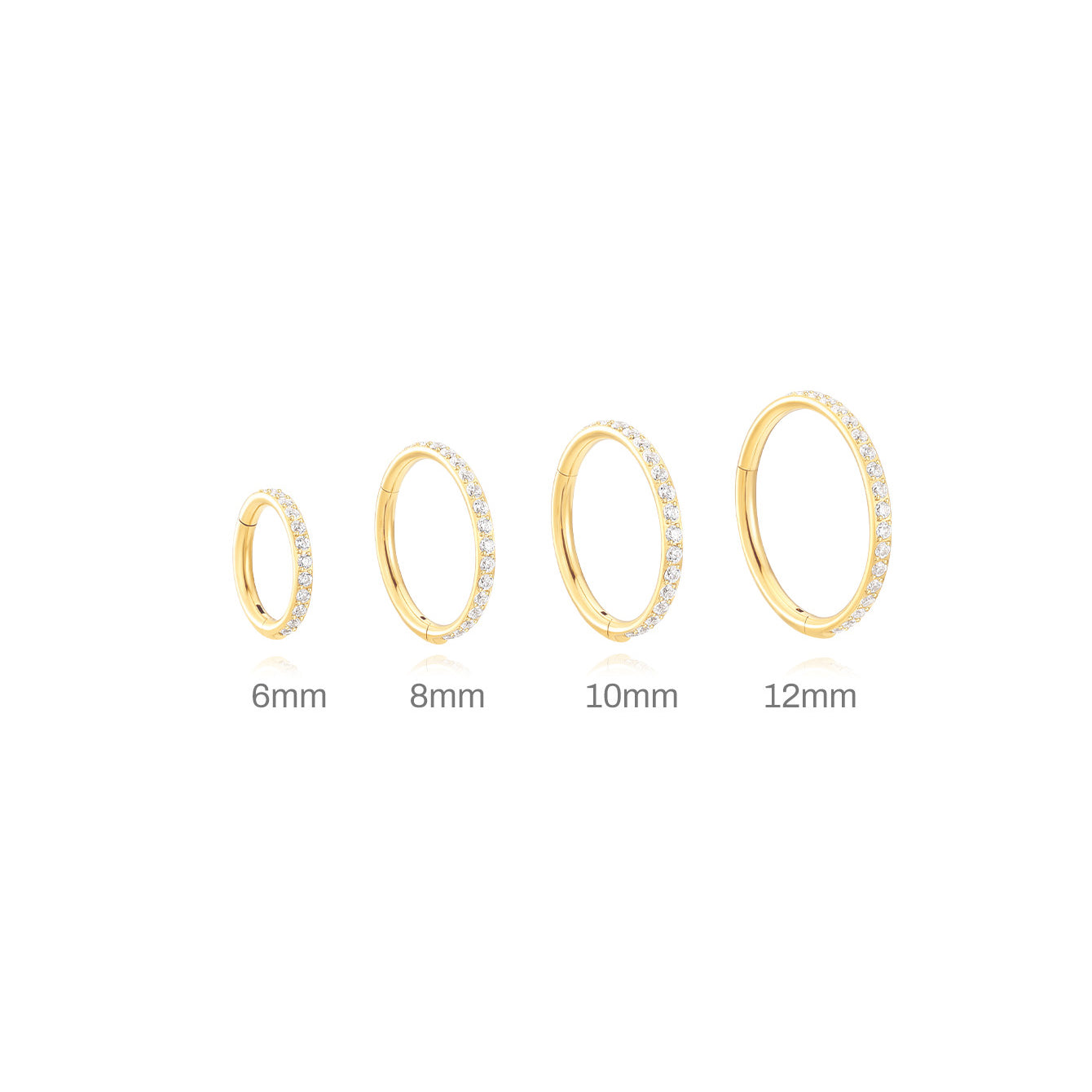 Four gold titanium 16g cartilage hoop earrings with AAAAA CZ stones in sizes 6mm to 12mm.