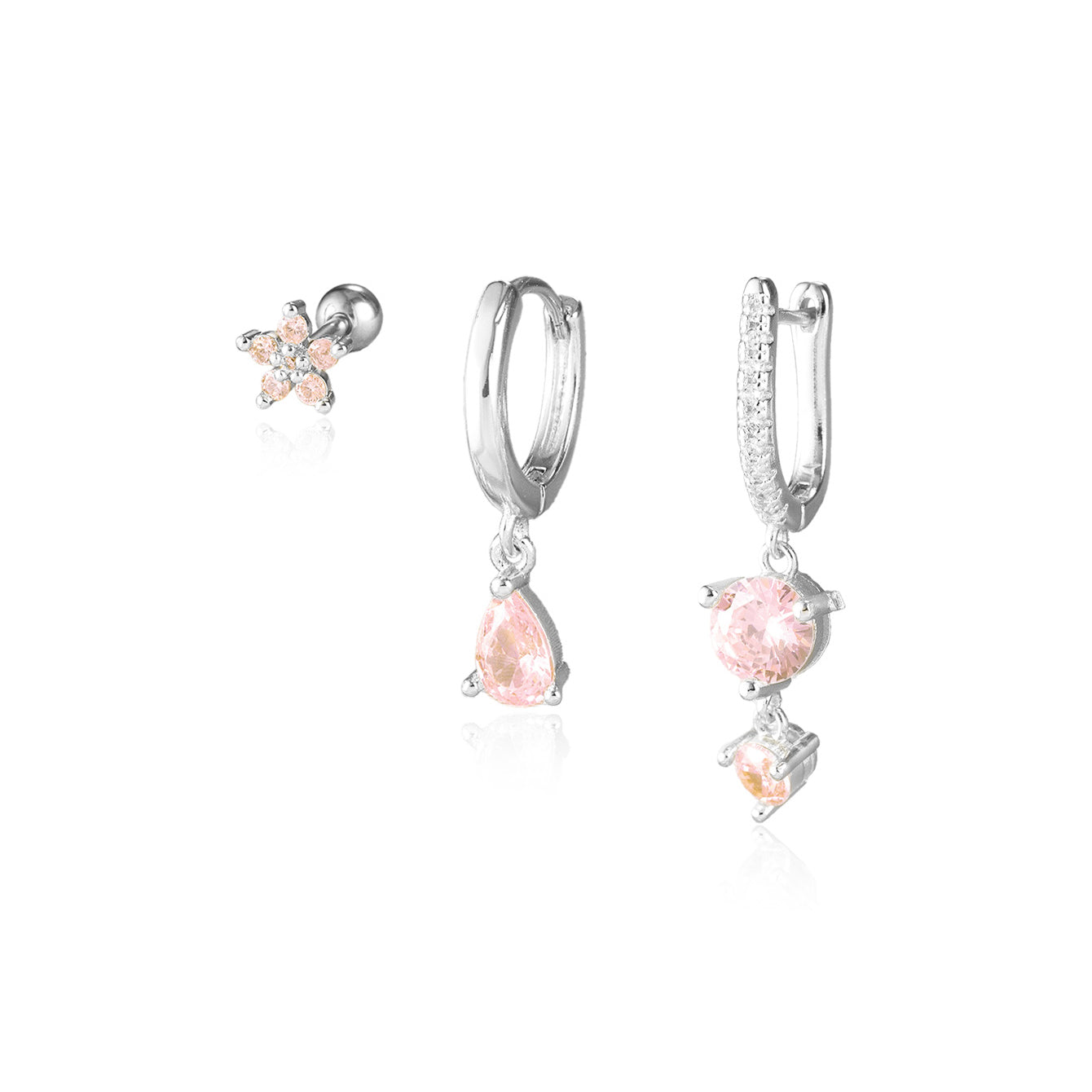 925 sterling silver & 18K gold plated earrings: pink CZ flower stud, pear drop huggie, double stone dangle.