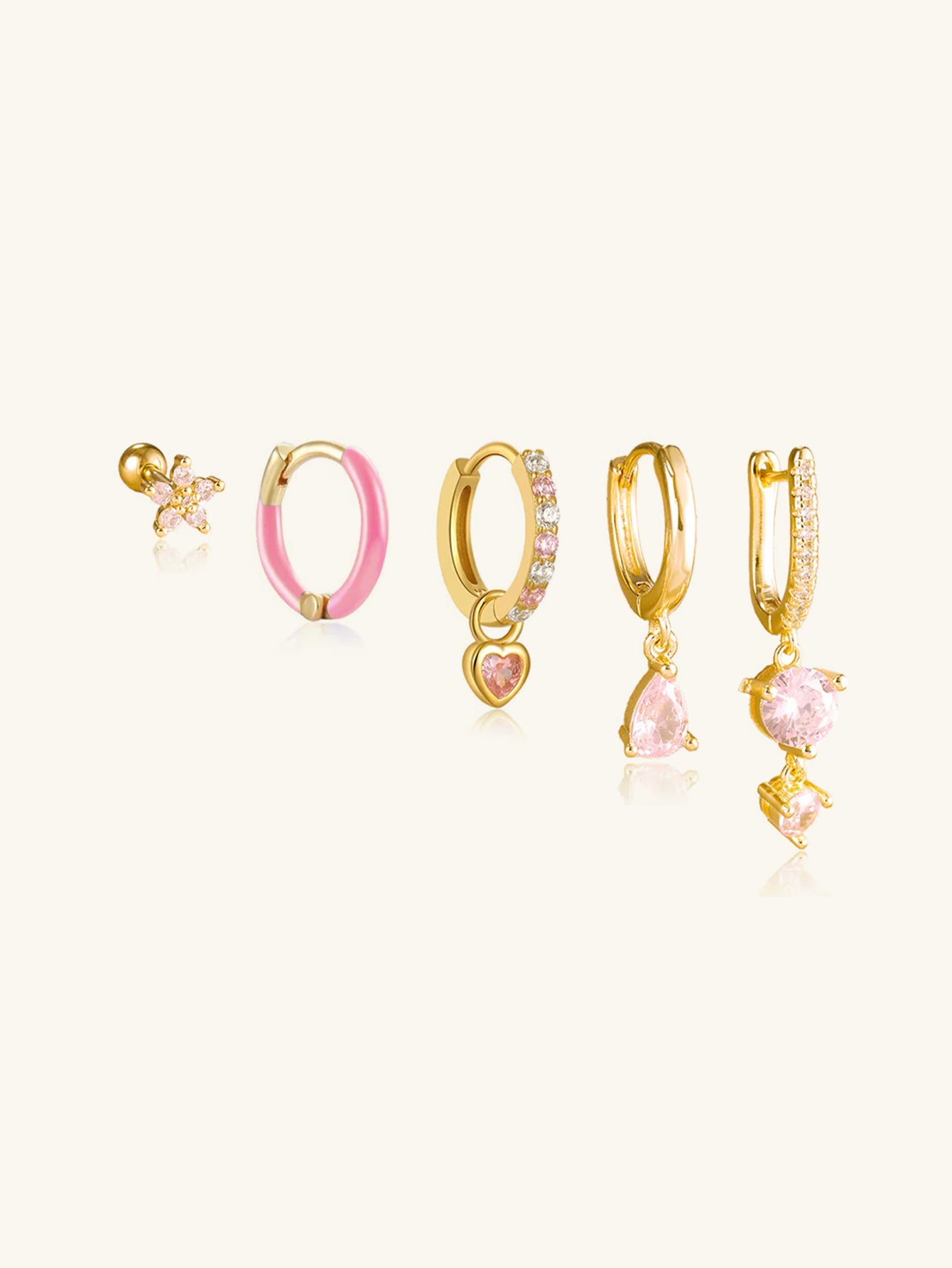 Gold plated sterling silver earring set with pink cubic zirconia: flower stud, pink hoop, heart, pear, teardrop.