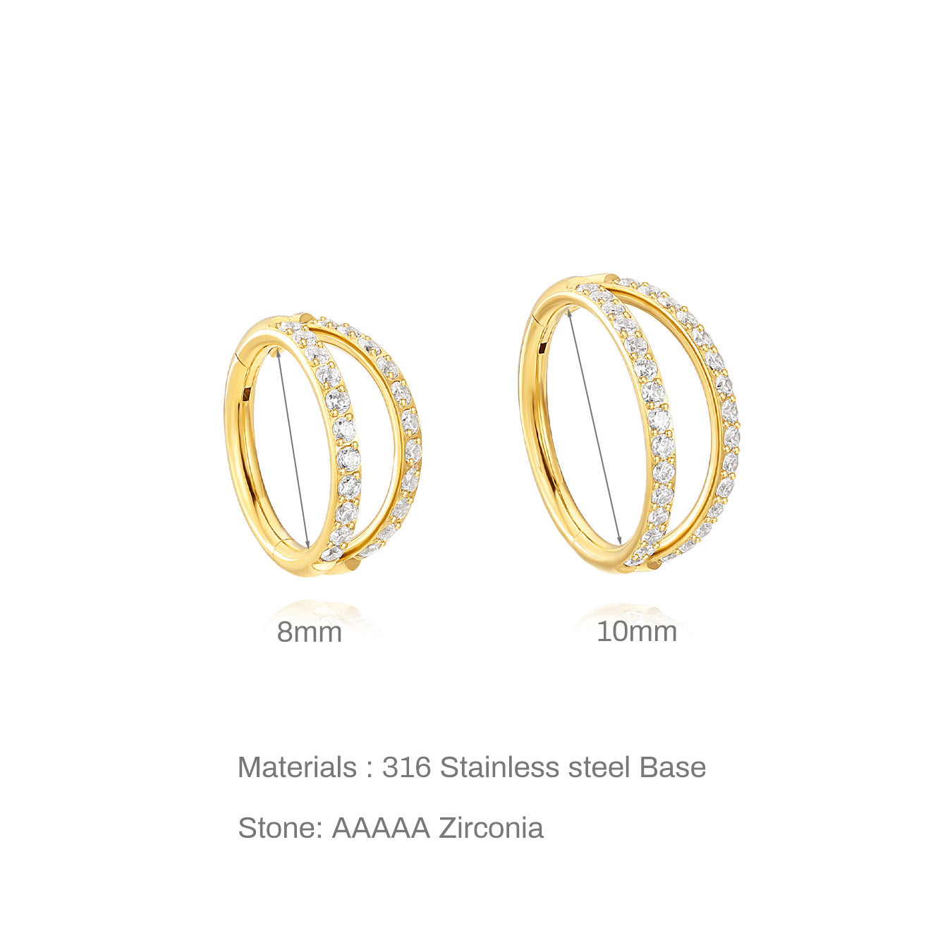 Gold titanium double hoop cartilage earrings with AAAAA CZ, 16g, 8mm and 10mm sizes. Hypoallergenic.