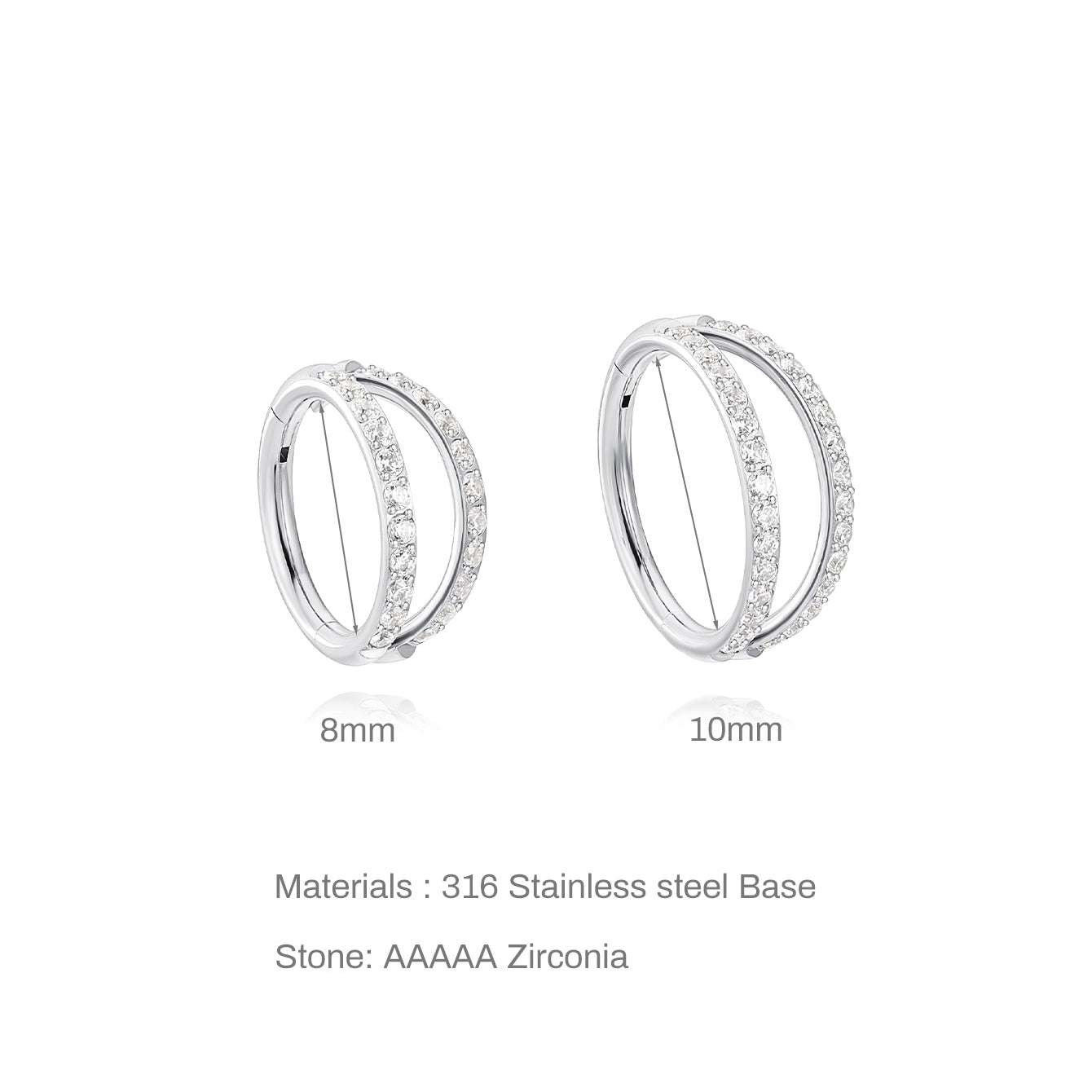 Silver 16g double hoop cartilage earrings with AAAAA cubic zirconia, 8mm and 10mm sizes. Titanium material.