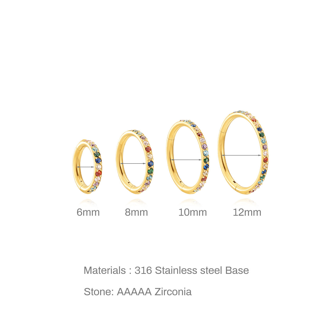 Four gold 16g cartilage hoop earrings with colorful AAAAA cubic zirconia, shown in sizes 6mm, 8mm, 10mm, and 12mm.