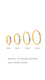 Four gold 16g cartilage hoop earrings with colorful AAAAA cubic zirconia, shown in sizes 6mm, 8mm, 10mm, and 12mm.