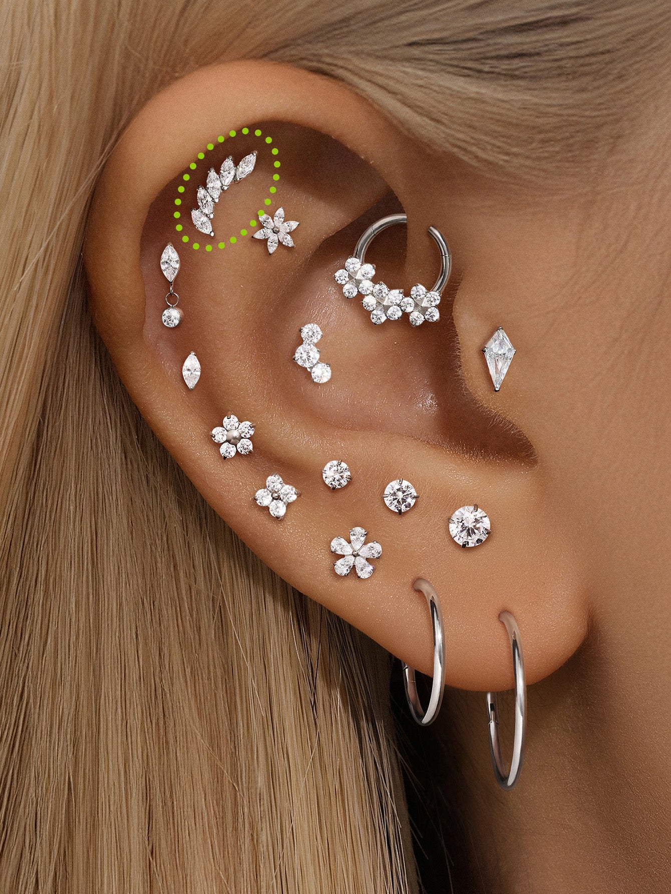 kosiner jewelry G23 Titanium Arc Arranged Zircons Ear Piercing Stud