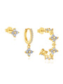Set of 3 gold-plated sterling silver earrings with light blue floral cubic zirconia stones and micro-paved crystals.
