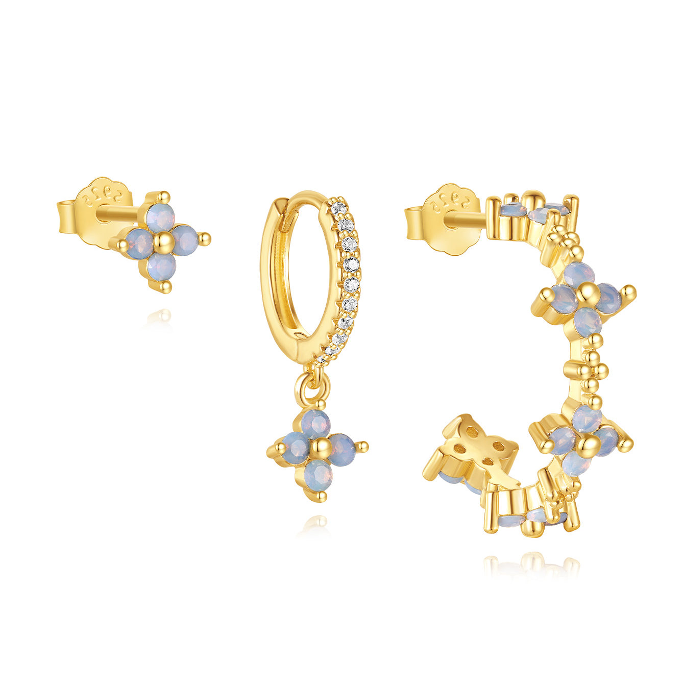 Set of 3 gold-plated sterling silver earrings with light blue floral cubic zirconia stones and micro-paved crystals.