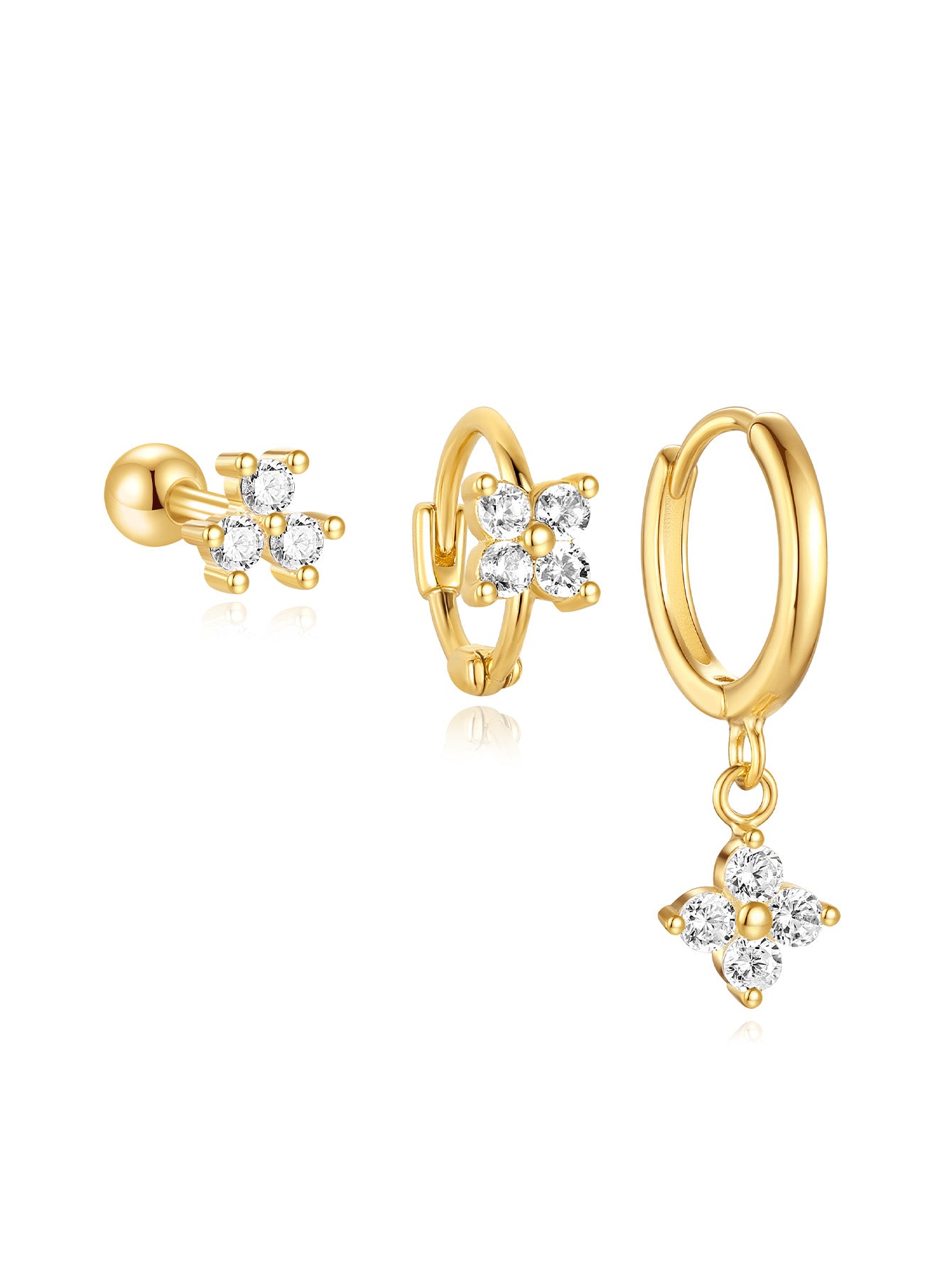 Gold plated sterling silver floral zirconia earrings collection: stud, hoop, dangle.