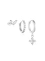 925 sterling silver earring set: marquise zircon stud, pave hoop, dangling flower charm hoop. Product showcase.