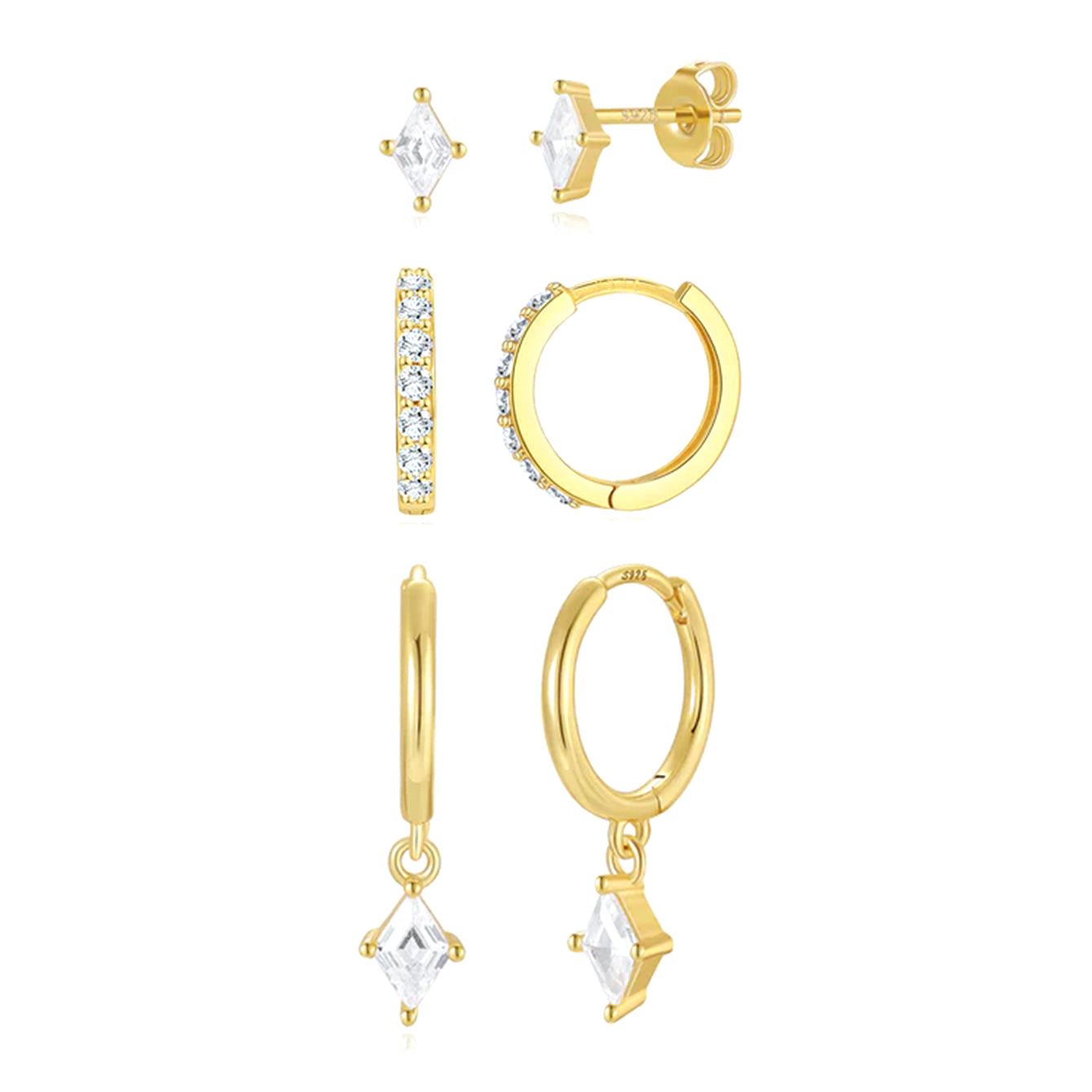 18k gold plated earrings set with quadrilateral cubic zirconia: studs, paved hoops, pendant hoops. Hypoallergenic.