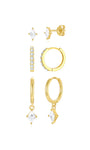 18k gold plated earrings set with quadrilateral cubic zirconia: studs, paved hoops, pendant hoops. Hypoallergenic.
