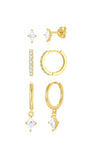 18k gold plated earrings set with quadrilateral cubic zirconia: studs, paved hoops, pendant hoops. Hypoallergenic.